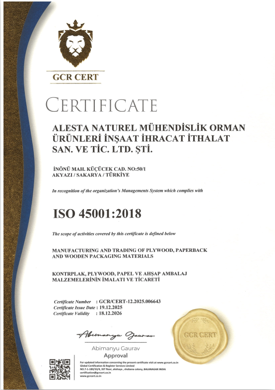ALESTA NATURELISO 45001:2018 Sertifikamız