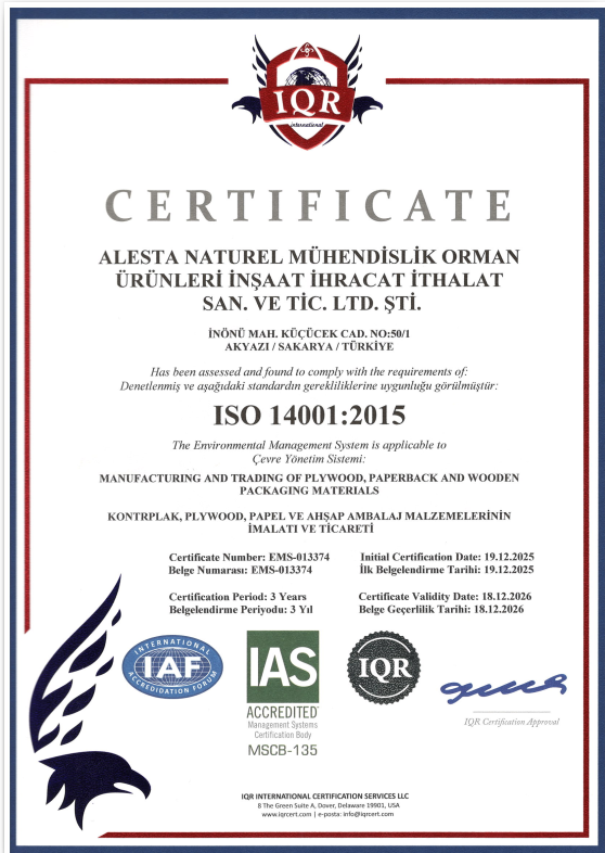 ALESTA NATURELISO 14001:2015 Sertifikamız