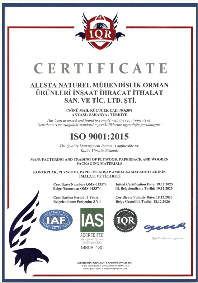 ALESTA NATUREL ISO 9001:2015 Sertifikası